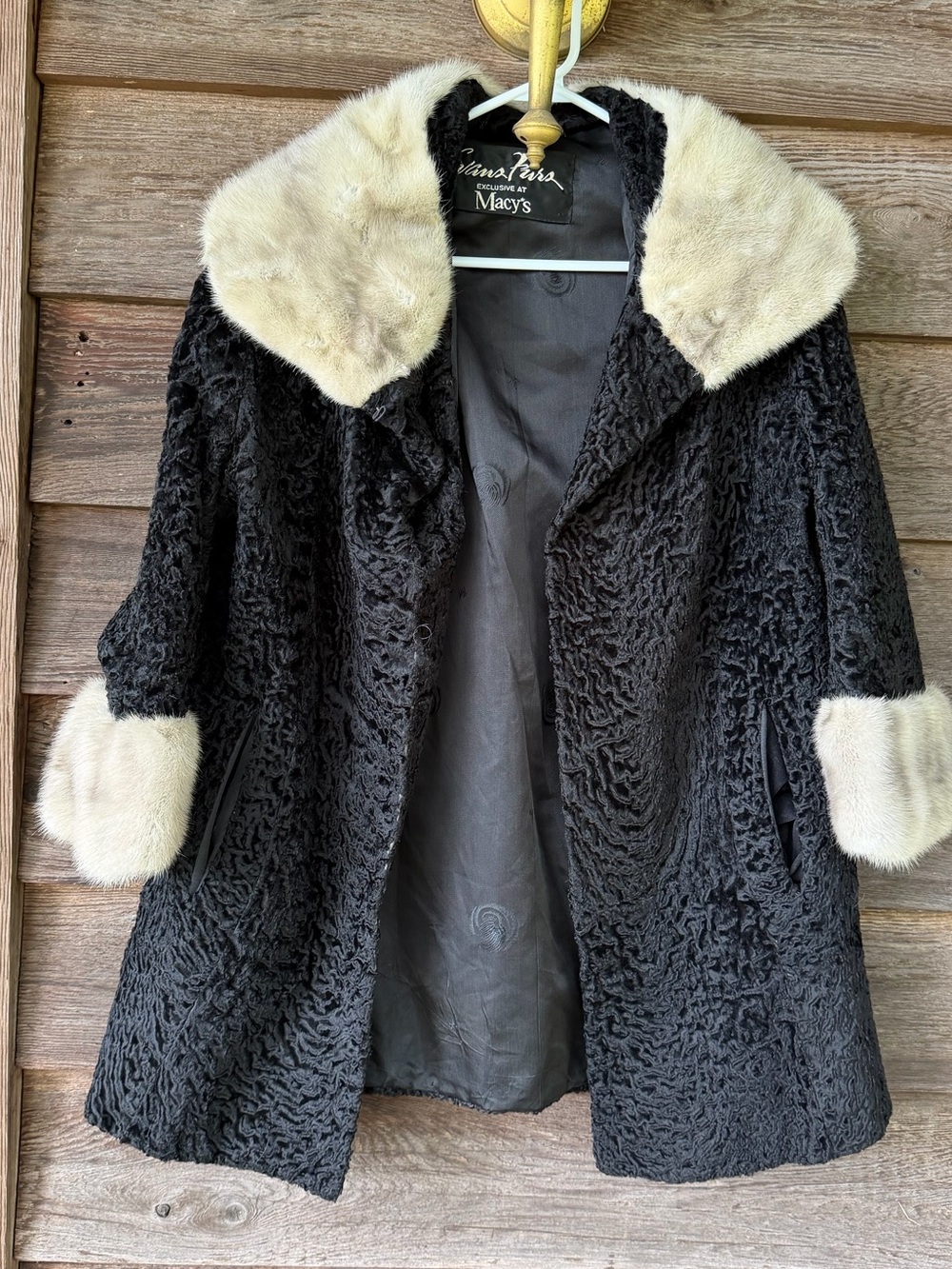 VTG 1950s Evans Furs Macy's Black Persian Lamb Jacket w/Cream Mink Collar. As is